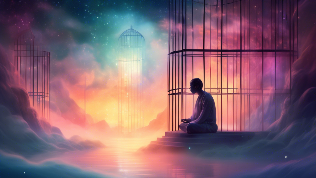 An ethereal, surreal dream landscape depicting a translucent, glowing jail surrounded by mist, with a person meditating inside, as gentle beams of light break through the bars, casting a warm, mystica