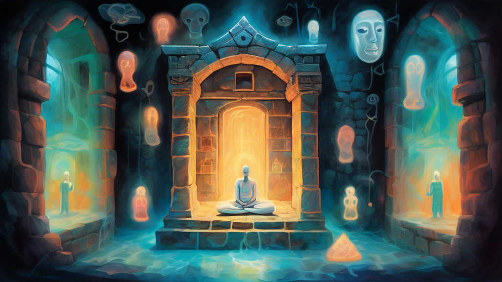 A surreal painting of a dimly lit, ancient stone jail cell with translucent, ghostly figures of different cultures meditating, surrounded by ethereal light and floating dream-like symbols.