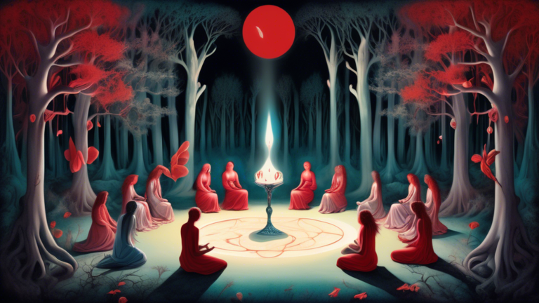 A surreal dreamscape depicting a tranquil, moonlit forest clearing, with ethereal figures sitting in a circle, each holding a chalice collecting moonlight, symbolically intertwined with gentle red rib