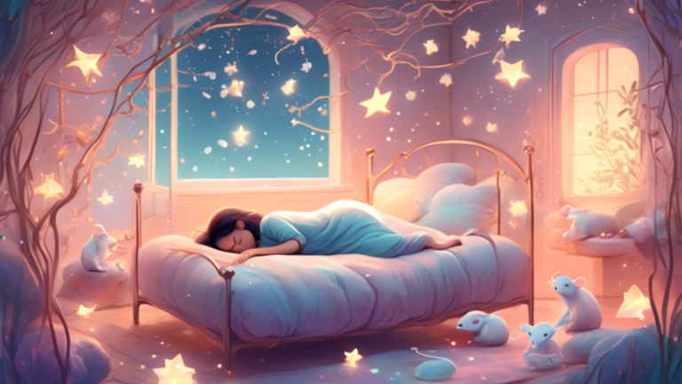 A whimsical, dream-like illustration of a person sleeping peacefully in a cozy room, with ethereal, semi-transparent mice made of soft, glowing light floating gently around them, each mouse carrying d