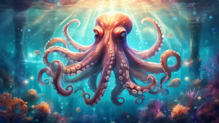 A surreal underwater scene portraying a gentle, giant octopus enveloped in a mystical aura, surrounded by dream-like, floating symbols and soft, glowing light filtering through the water, emphasizing