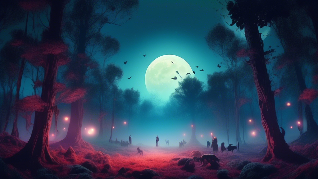 An ethereal dreamscape featuring a hovering piece of raw meat glowing softly under a full moon, surrounded by shadowy figures in a mist-laden ancient forest.