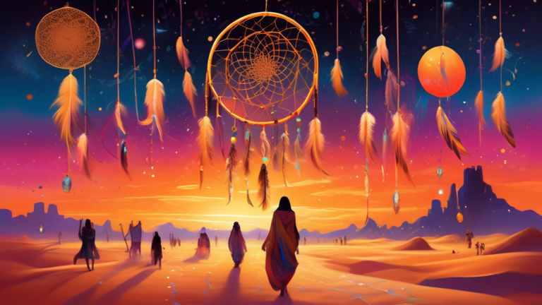 An ethereal dreamscape featuring a vast desert of shimmering golden sand under a twilight sky, with translucent figures of various cultures walking towards a radiant, oversized dreamcatcher suspended
