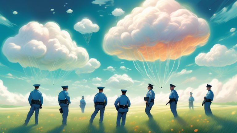 A surreal dream-like scene depicting a serene landscape with fluffy clouds and a vast grassy field, where a group of ethereal, translucent police officers gently floats above the ground, their uniform