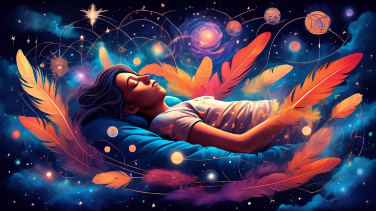Create a surreal image of a person sleeping peacefully under a starry sky, with translucent figures of police officers floating above, surrounded by swirling galaxies and glowing symbols of various sp