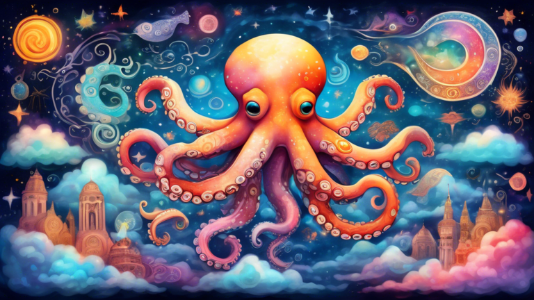 A surreal dreamscape with a translucent octopus floating amidst clouds in a starry night sky, surrounded by symbols of various spiritual elements like Yin and Yang, chakras, and a glowing aura.