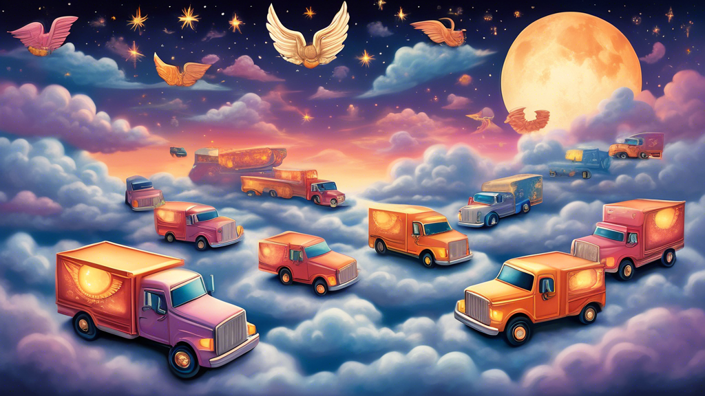 A serene dreamscape featuring a variety of trucks floating among clouds, each truck adorned with symbolic elements like wings, halos, and glowing lights, set against a twilight sky with stars and a cr