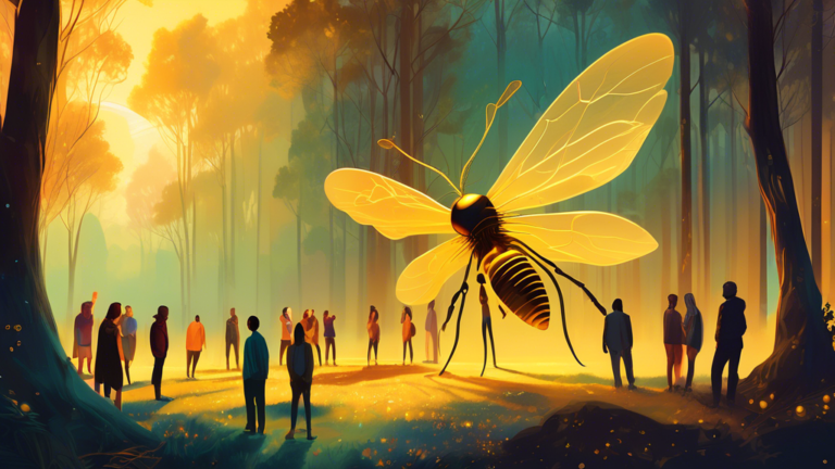 An ethereal scene under golden twilight where a group of people in a serene forest gather around a giant, translucent wasp, illustrating a spiritual connection with nature.