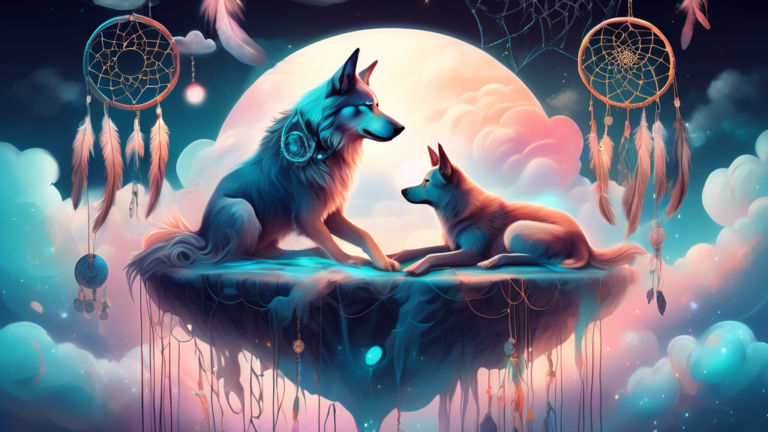 A surreal and mystical dream landscape illuminated by soft moonlight, featuring a ethereal wolf-like dog with glowing eyes gently biting a sleeping person's hand, surrounded by floating dreamcatchers