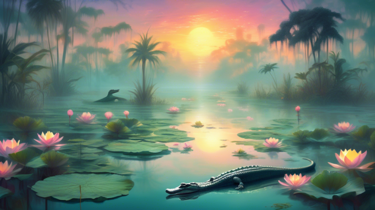 An ethereal scene depicting a tranquil swamp at sunrise with alligators peacefully gliding through the water, surrounded by glowing lotus flowers and soft mist, illustrating the spiritual significance