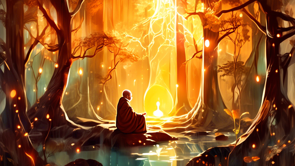 An ancient, serene forest bathed in warm sunlight, with a wise, elderly monk holding a glowing piece of amber up to the light, meditating on its deep, spiritual significance, surrounded by ethereal be