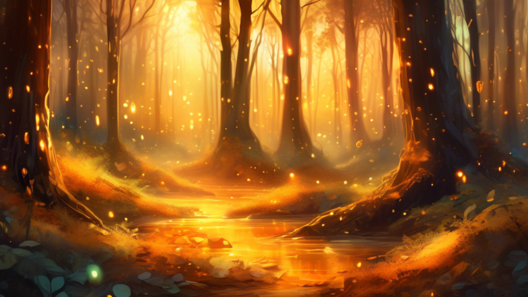 An ancient, serene forest during sunset, with rays of golden sunlight illuminating a series of small, glowing pieces of amber scattered on the forest floor, each piece surrounded by a faint, mystical