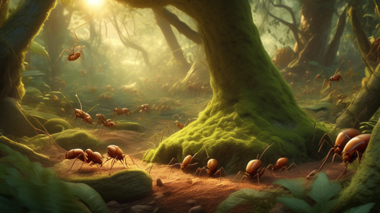 Create an image depicting a tranquil, sun-dappled forest where a group of ants are seen constructing an elaborate anthill. The scene should include an ethereal glow surrounding the ants, symbolizing t