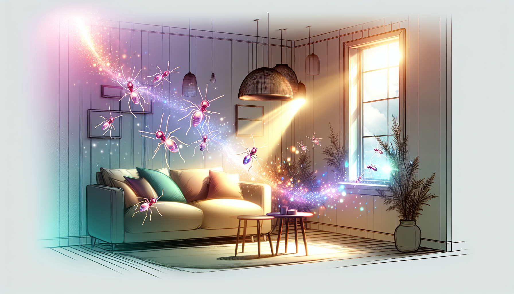 An ethereal scene depicting a trail of translucent ants moving through a cozy living room, each ant glowing with a soft, mystical light, symbolizing spiritual guidance and mystery in the home.