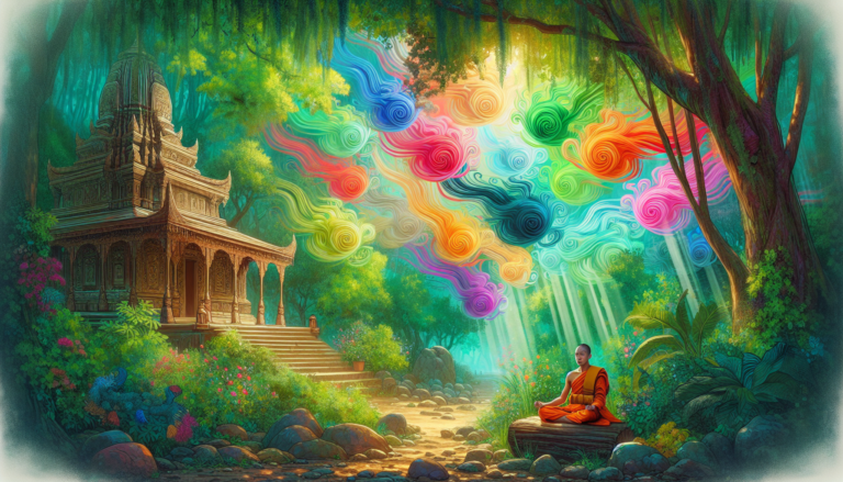 A serene, ancient temple surrounded by lush greenery, with a monk in traditional orange robes meditating amidst swirling wisps of variously colored smoke, each representing different foul odors, while