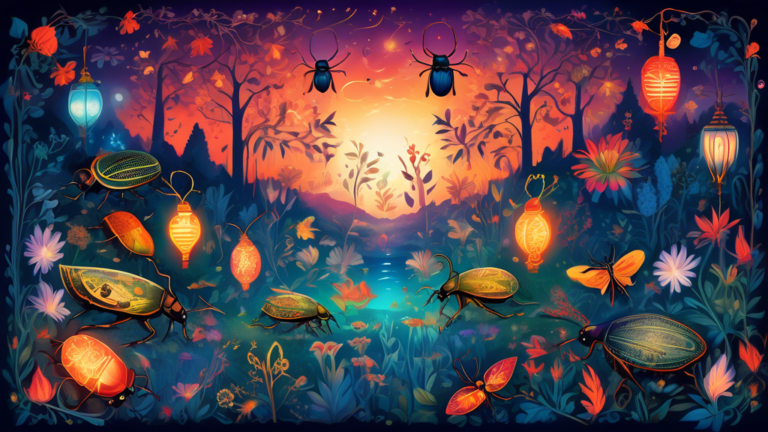 A vibrant and mystical landscape at twilight, with various species of beetles glowing like lanterns, surrounded by ancient symbols and spiritual motifs on translucent leaves and flowers, illustrating