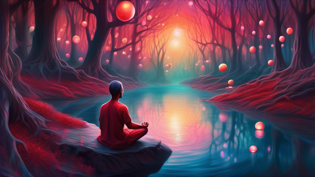 A surreal painting depicting a person meditating peacefully beside a tranquil river, with ethereal floating orbs of light reflecting different scenes of dreams involving blood in a symbolic, non-viole