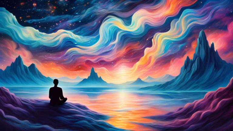 A surreal painting of a person meditating under a starry sky, with ethereal waves of breath flowing around them, creating a luminous and mystical atmosphere; dreamlike landscapes in the background, wh