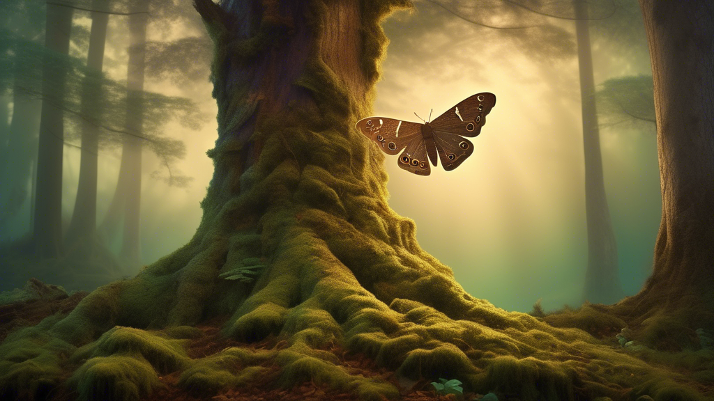 Serene forest at twilight with subtle light rays, gentle mist drifting through, and a large, detailed brown moth perched prominently on an ancient, moss-covered tree, symbolizing spiritual awakening a