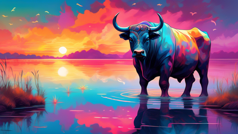 Create an image of a serene, mystical landscape at sunset, featuring a large, majestic bull standing at the edge of a tranquil lake. The bull is adorned with delicate, glowing symbols that signify spi