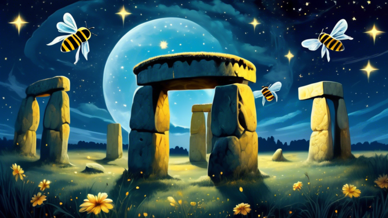 Serene mystical landscape with giant, ethereal bumble bees floating around ancient stonehenge-like structures under a starry night sky, highlighted by soft, glowing moonlight and delicate ethereal bea