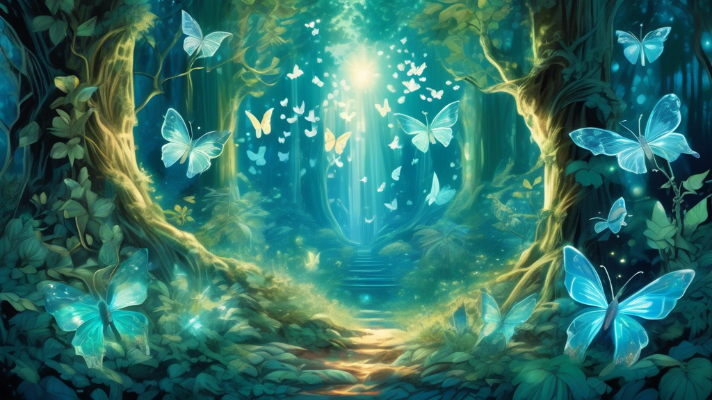 An ethereal scene in a vibrant, lush forest, with transparent butterflies glowing in various shades of blue and green, gently flitting among ancient trees that have whimsical carvings depicting variou