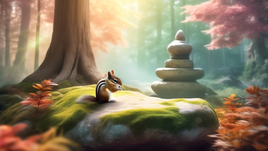 Serene forest temple surrounded by gentle sunlight with a chipmunk meditating on a small rock, spiritual symbols and soft, ethereal aura enveloping the scene.
