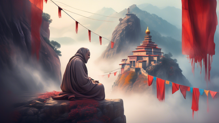 A surreal image of a serene, ancient monastery perched atop a misty mountain, with a statue of a contemplative monk with tears of blood flowing down his cheeks, surrounded by fluttering prayer flags i