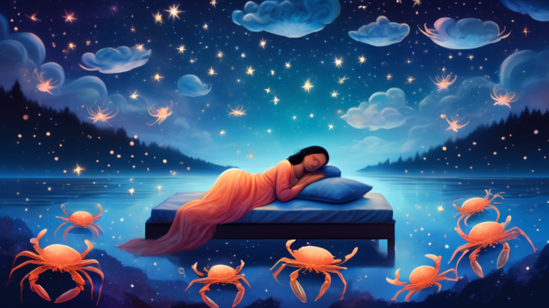 An ethereal scene of a person sleeping peacefully under a starlit sky, with transparent, illuminated crabs gently floating around and above them, symbolically merging with clouds and stars in a serene