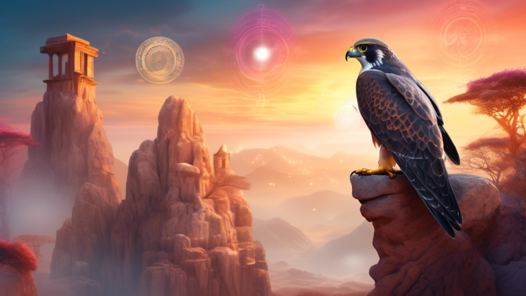 An ethereal landscape at sunrise with a majestic falcon perched on an ancient, weathered stone, surrounded by softly glowing mystical symbols and light orbs, suggesting spiritual significance and anci
