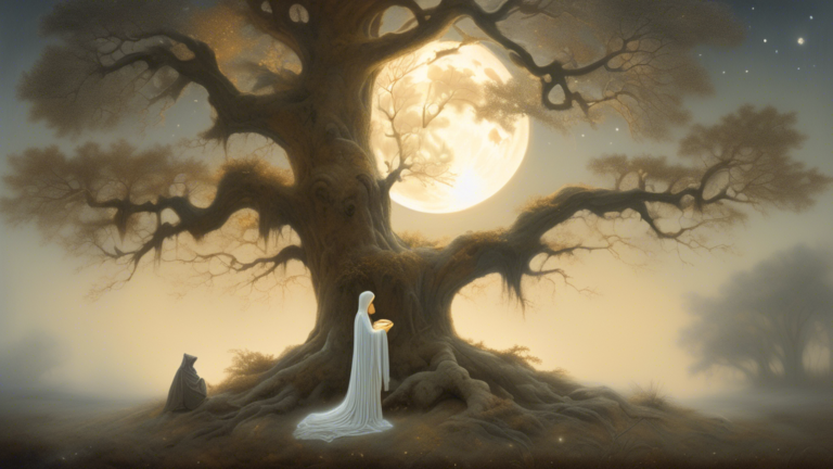 A serene, ethereal dreamscape with a luminous, oversized full moon casting a gentle glow over a tranquil ancient forest. In the center, a figure seated under an ancient, sprawling oak tree, dressed in