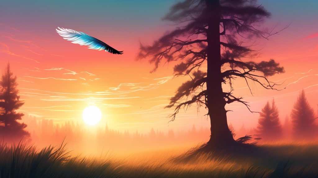 An ethereal landscape at sunrise, with a single eagle feather lying in the foreground on a mist-covered meadow, light beams piercing through towering ancient trees, and a distant soaring eagle silhoue