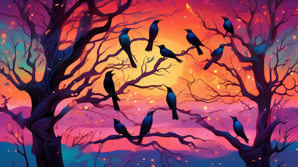 An ethereal landscape at dusk, with majestic grackles perched atop ancient, twisted trees under a vividly colored sky, radiating mystic symbols and soft, glowing lights symbolizing spiritual significa