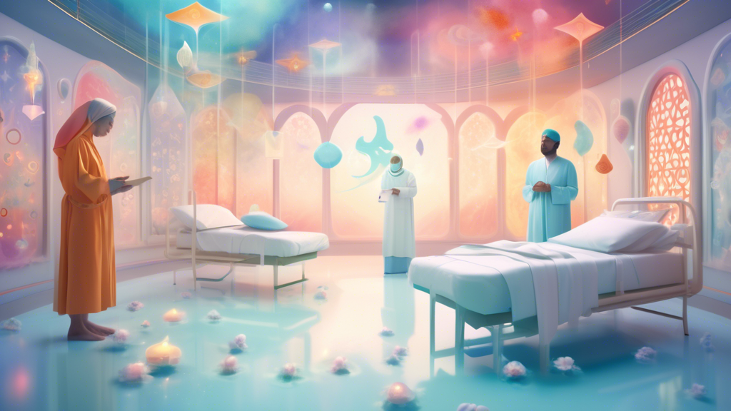 An ethereal and serene hospital setting with soft, celestial lighting, surrounded by floating dream-like symbols of various faiths, portrayed in a misty, surreal landscape.