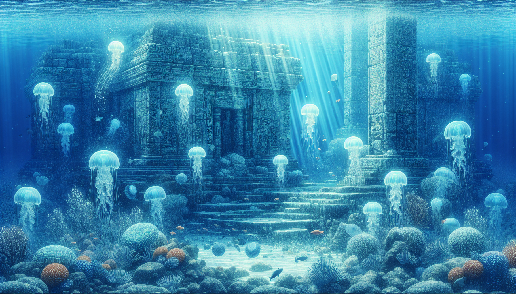 A tranquil underwater scene with translucent jellyfish floating around ancient submerged temple ruins, rays of sunlight piercing through the water, highlighting intricate carvings and scriptures relat