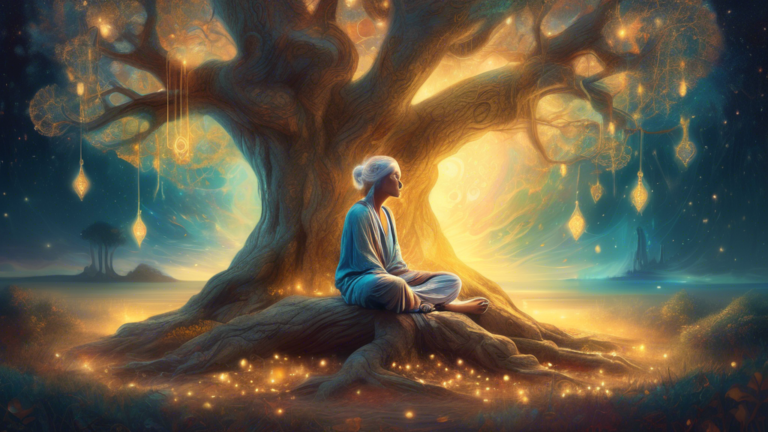 Create an enchanting image in an ethereal, surreal style depicting a person sitting cross-legged under a large, ancient oak tree. Their left foot is glowing with soft golden light, while symbolic spir