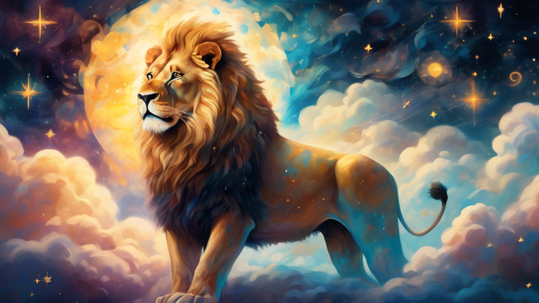 An ethereal dreamscape featuring a majestic lion glowing with a soft golden light, standing on a tranquil cloud amidst a starry night sky, with mystical symbols and ancient scripts subtly embedded in