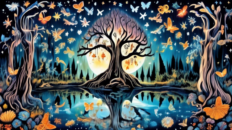 Enchanted forest at twilight with various species of moths glowing ethereally around an ancient, wise-looking tree, its bark carved with subtle, mystical symbols. The background shows twinkling stars