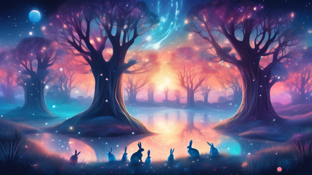 Serene, mystical landscape at twilight with ethereal rabbits made of glowing, translucent light surrounded by ancient, wise trees and a shimmering, star-filled sky, reflecting a deep spiritual signifi