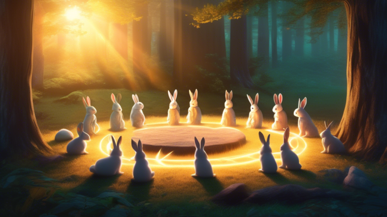 A serene forest clearing at sunrise, with ethereal rays of light illuminating a group of rabbits sitting in a circle around an ancient, glowing rune stone, suggesting a mystical or spiritual gathering