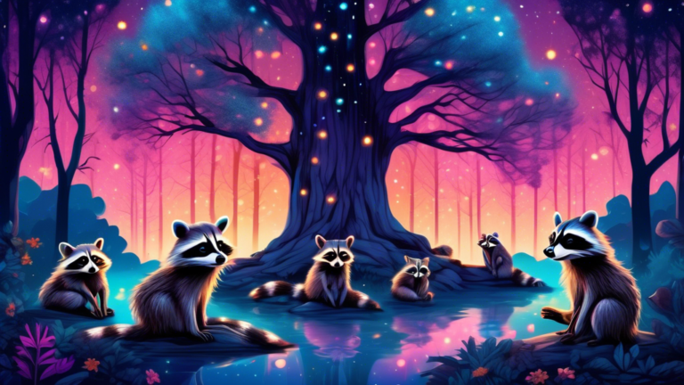 A serene forest clearing at twilight, where a group of raccoons quietly surrounds an ancient, glowing tree, their eyes reflecting a sense of wisdom and spirituality, under a starry sky.