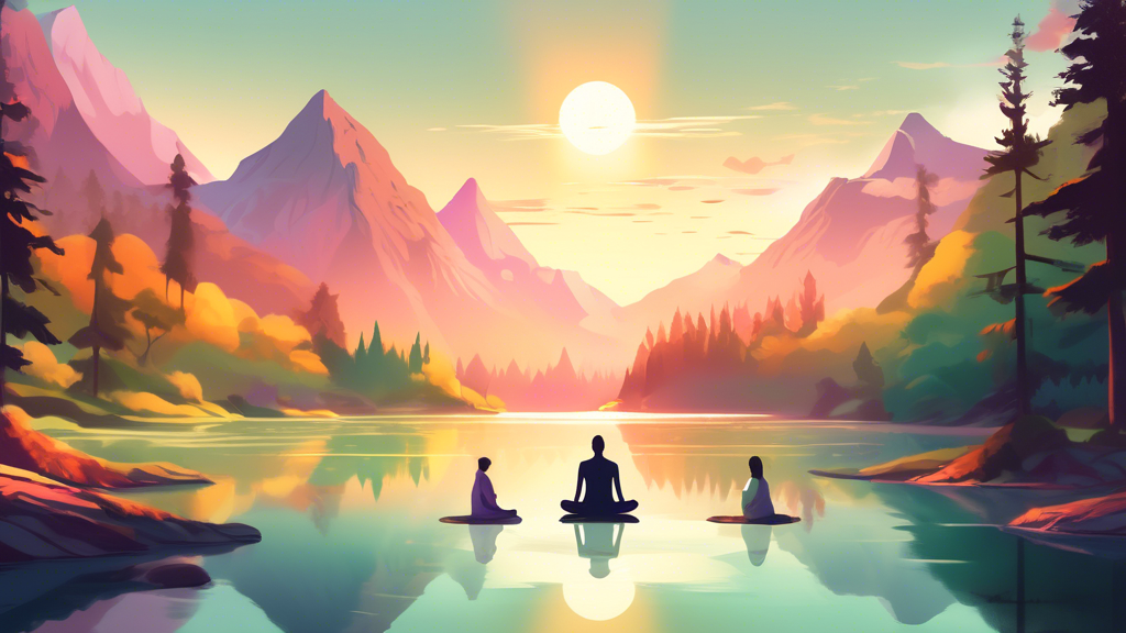 An image of a serene mountain landscape at sunrise, featuring a small group of people meditating peacefully by a tranquil lake surrounded by lush forests and distant peaks, with soft rays of sunlight