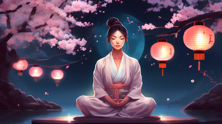 An ethereal portrait of a serene individual meditating under a radiant full moon, with distinct sanpaku eyes, surrounded by drifting cherry blossoms and soft, glowing lanterns, in a tranquil Zen garde