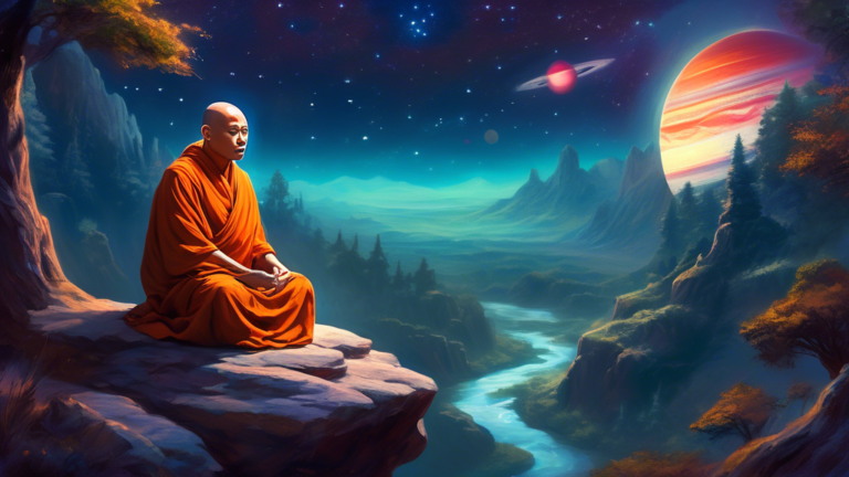 An ethereal painting depicting a wise, tranquil monk meditating on a rocky plateau, with the planet Saturn glowing brightly in the starlit sky above, casting a mystical light over an ancient forest su