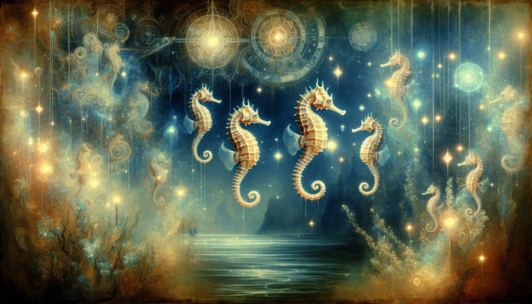 Seahorses suspended in a tranquil underwater scene with glowing ethereal lights, surrounded by ancient ruins and mystical symbols that represent different spiritual beliefs, in a serene, painterly sty