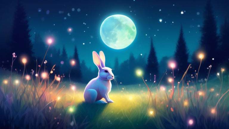 A serene meadow at twilight with an ethereal, translucent rabbit glowing under a full moon, surrounded by small floating lights and a peaceful aura.