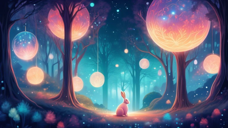 An ethereal landscape at twilight with a mystical rabbit glowing softly under a canopy of ancient towering trees, surrounded by gentle orbs of light and subtle celestial symbols in the sky.