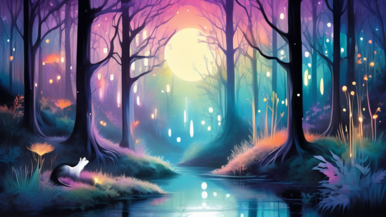 An ethereal forest scene at twilight, where skunks gently explore the surroundings under soft, shimmering moonlight, with faint glowing symbols of spiritual importance hovering above them, reflecting