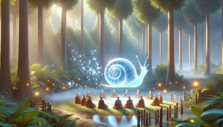 Create an image of a serene, mystical forest with soft sunlight filtering through the trees, illuminating a giant, translucent snail in the center. The snail radiates a gentle, shimmering light, and a