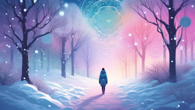 A serene winter landscape at twilight, featuring soft falling snow and a lone dreamer walking through an ethereal forest pathway, with faint images of spiritual symbols like mandalas and dream catcher